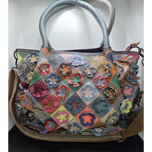 American Leather Flower Handbag Purse Patchwork Quilt Bohemian Hippie 12.5 X 15 - Picture 1 of 13